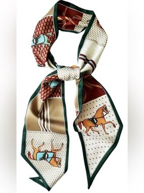 Silk Horse Print Long Scarf in Green and Cream